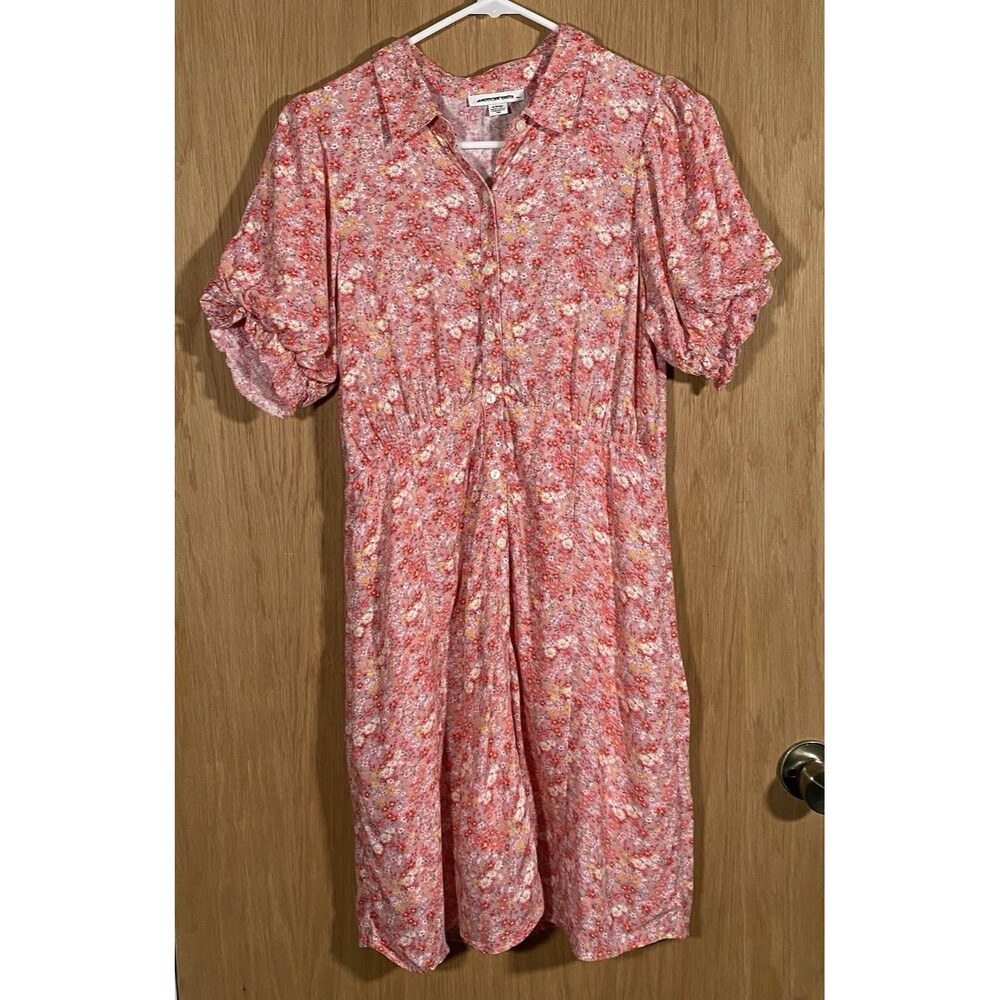 American Eagle Women's S Pink Floral Puff Sleeve Button Front Dress CottageCore